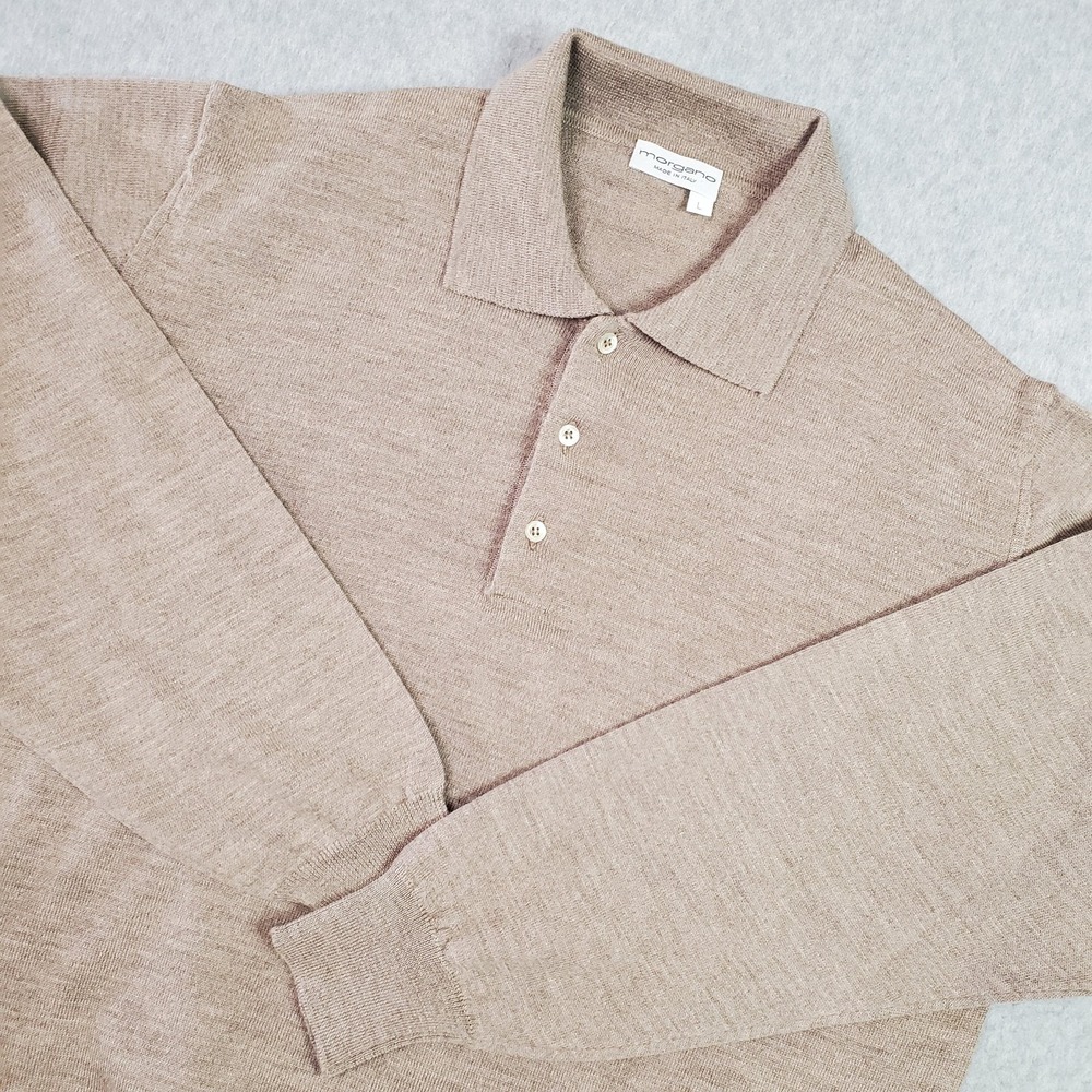 Morgano Sweater Mens Large Beige Pure New Wool Polo Pullover Made Italy Knit